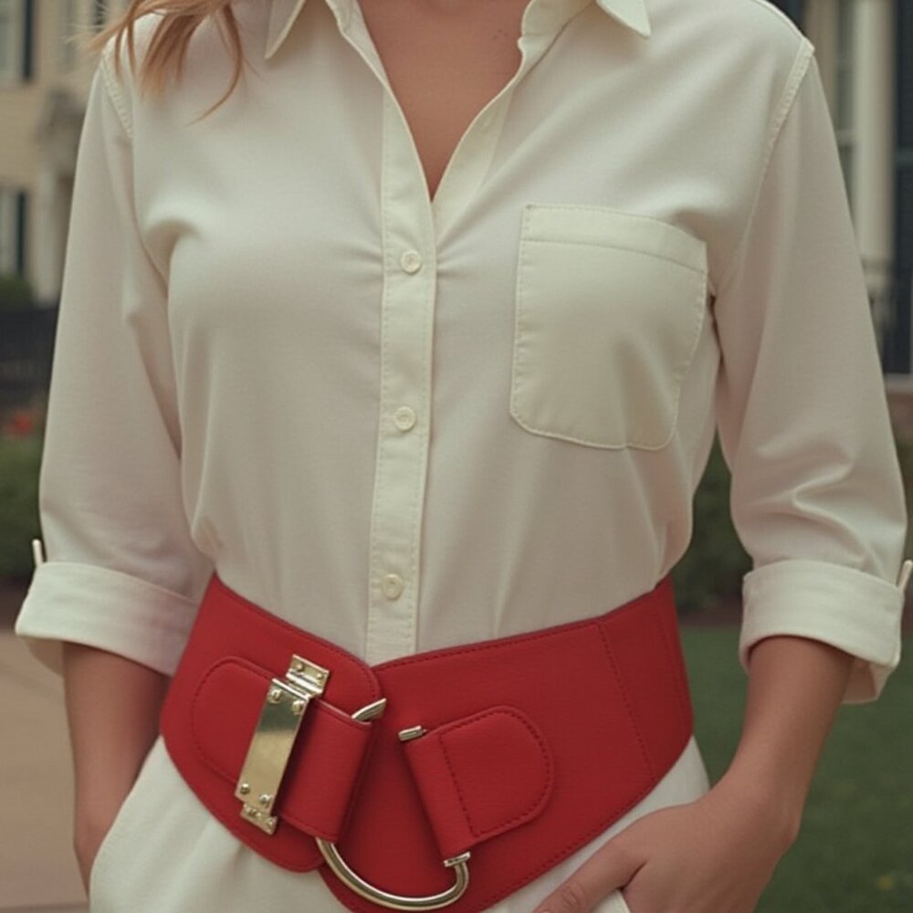 Women Red Faux Leather Elastic Hip High Waist Belt Gold Metal Hook Buckle S M